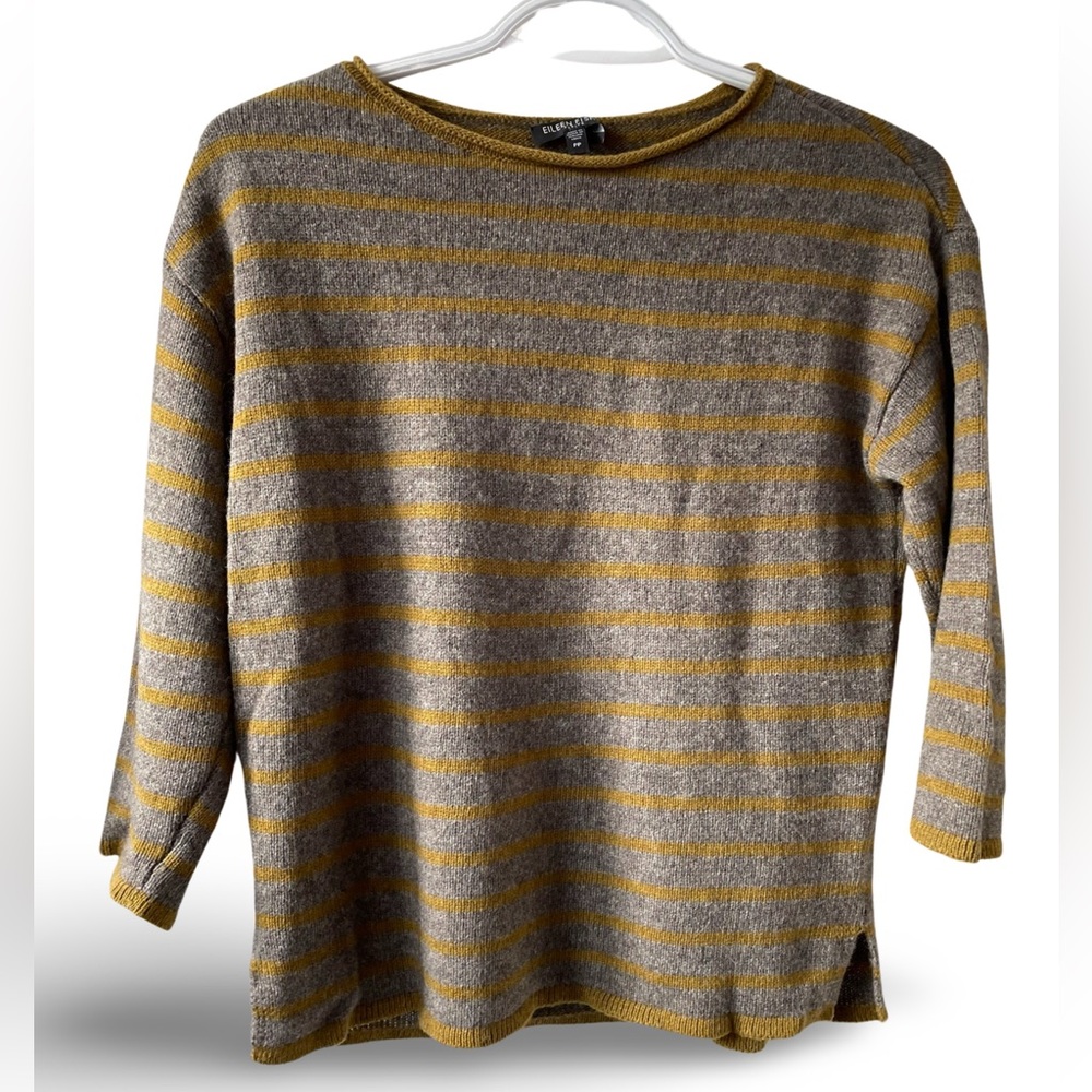 EUC Eileen Fisher bateau neck boxy Yak/wool blend gray striped sweater, PP PXS
